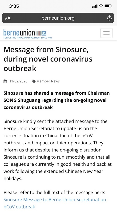 宋曙光董事长致信伯尔尼协会通报中国政府及中国信保积极应对新冠肺炎疫情情况